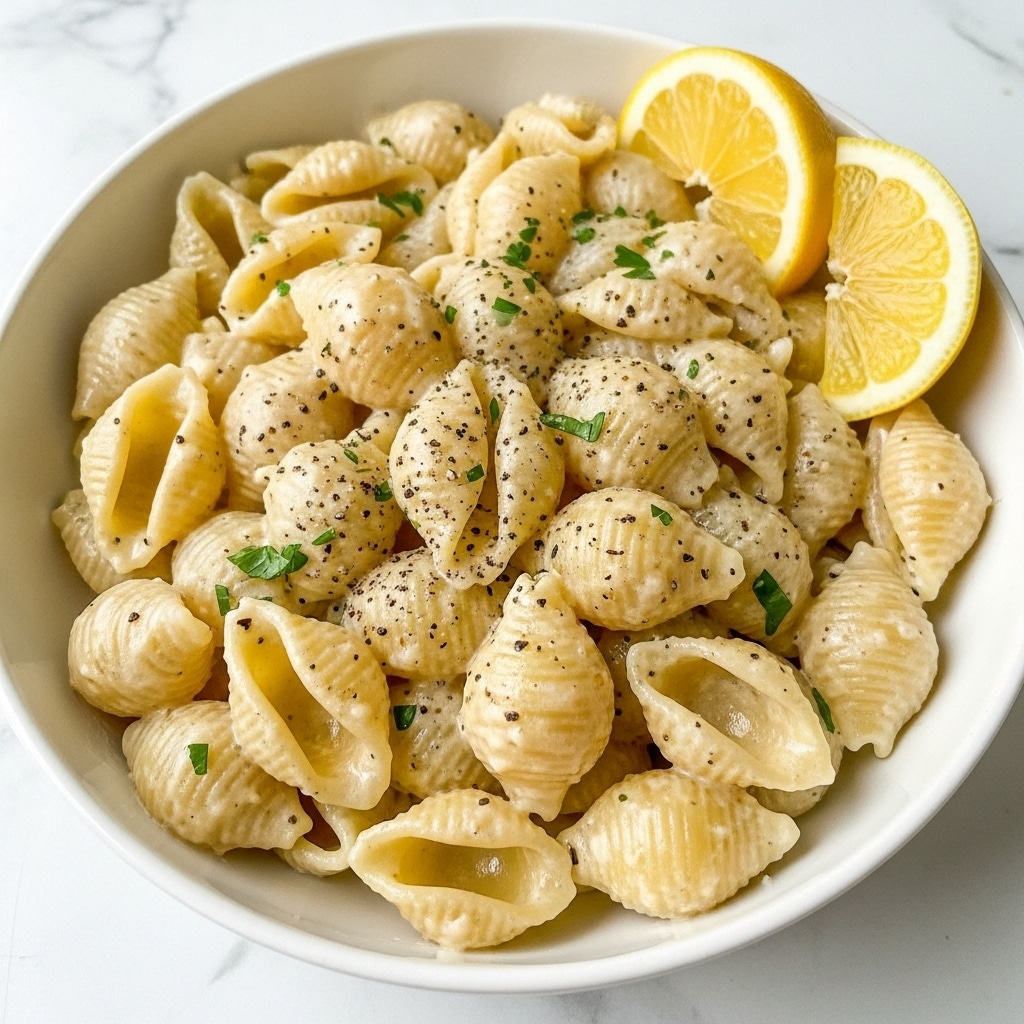 A close-up view of a white bowl filled with creamy pasta shells coated in a light beige sauce speckled with green herbs and black pepper. The pasta shells are small and rounded, layered naturally in the bowl with sauce pooling slightly at the bottom. On the right side of the bowl, two bright yellow lemon wedges add a fresh pop of color, contrasting with the rich pasta. The bowl sits on a white marbled texture that softly reflects light, enhancing the creamy appearance of the dish. photo taken with an iphone --ar 4:5 --v 7