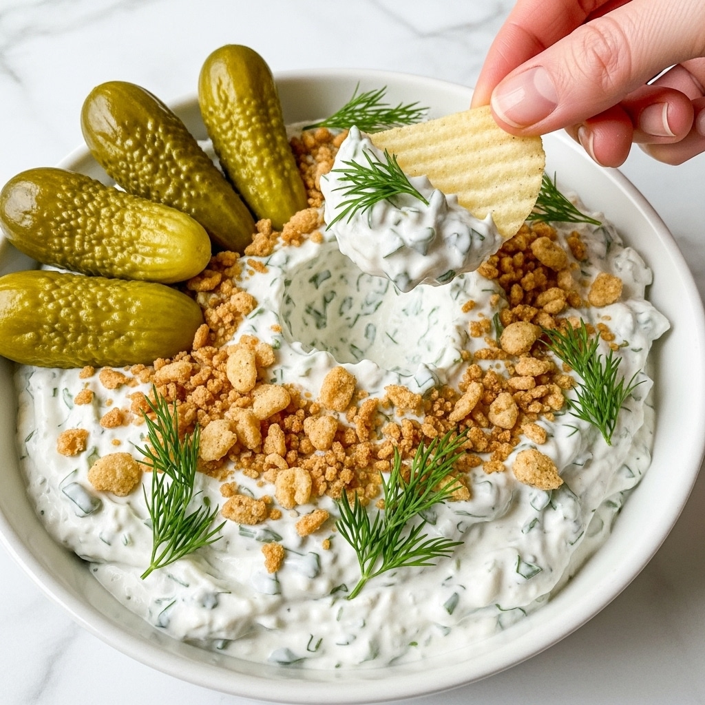 The image shows a close-up of a white bowl filled with a creamy white dip mixed with small green herb pieces, topped with light brown crunchy crumbs and fresh green dill sprigs. On one side near the top, three round light green pickles with ridges sit on the dip, adding texture. A woman's hand is holding a ridged pale yellow chip dipped generously with the creamy mixture and crumbs, lifted above the bowl. The bowl rests on a white marbled surface, enhancing the fresh and tasty look of the dip. photo taken with an iphone --ar 4:5 --v 7