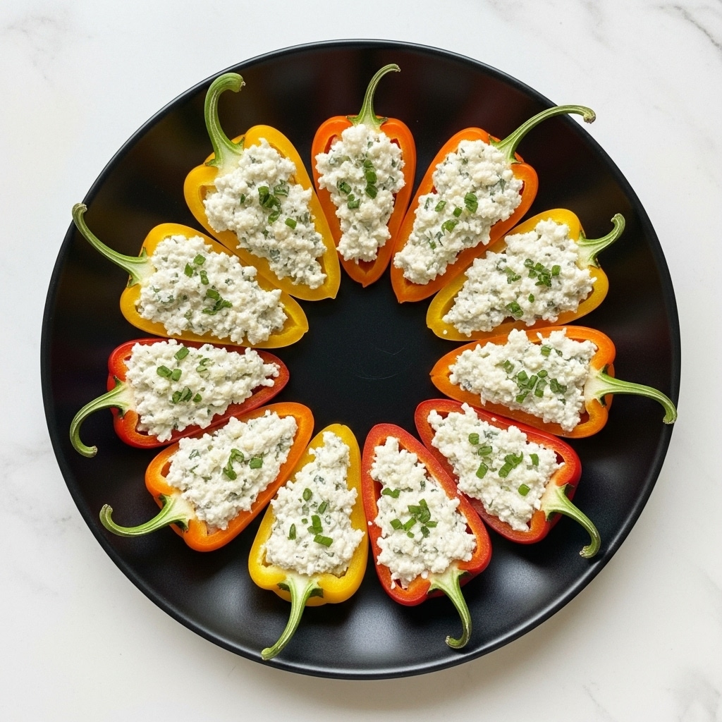 A black round plate holds a circle of small, colorful mini bell peppers cut in half lengthwise and filled with a creamy, textured white cheese mixture sprinkled with small green herbs. The peppers come in bright yellow, orange, and one red, each showing a smooth shiny skin with green stems attached. The creamy filling inside looks soft with tiny bits of herbs and spices, giving a fresh and rustic feel. The plate sits on a white marbled surface. photo taken with an iphone --ar 4:5 --v 7