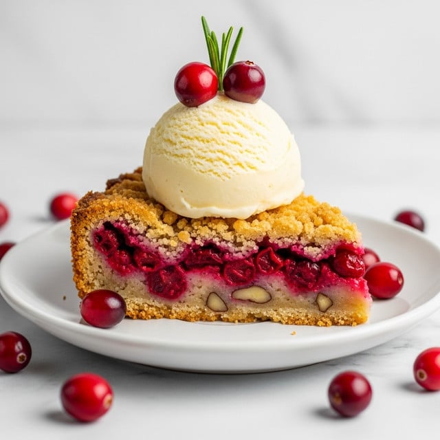 A slice of berry dessert with a crumbly, golden-brown top layer filled with visible red berries and pecans in the middle, placed on a white plate. On top of the slice sits a scoop of creamy, pale yellow ice cream, garnished with a small green sprig and two dark red glossy berries. The plate rests on a white marbled surface with a few scattered whole red berries and a pecan nearby, soft light highlighting the textures and colors. Photo taken with an iphone --ar 4:5 --v 7