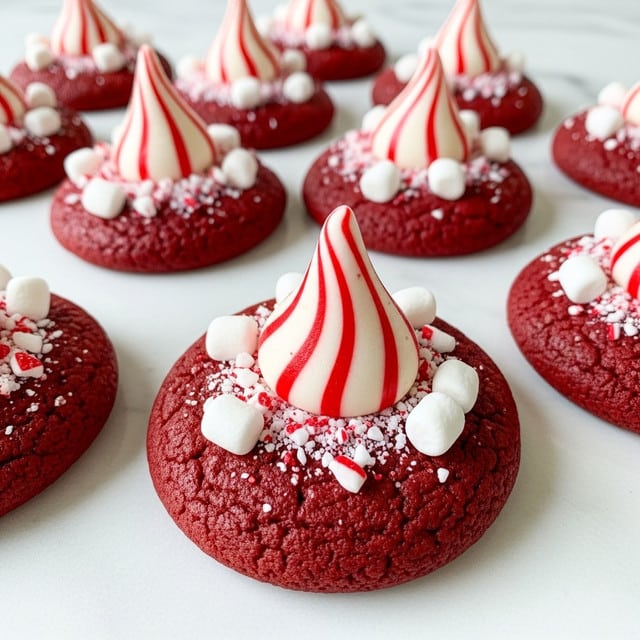The image shows several round red velvet cookies with a smooth, dense texture forming the base layer, deep red in color. On top of each cookie is a large, white peppermint candy kiss with distinct red stripes spiraling from the tip to the base, giving a festive look. The area around each kiss is sprinkled with small crushed peppermint candies and tiny white marshmallows, adding texture and contrast to the cookie's surface. The cookies are placed on a white marbled surface, creating a clean and bright background that highlights the rich red and white colors of the treats. photo taken with an iphone --ar 4:5 --v 7