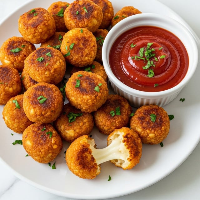 A white round plate filled with golden-brown crispy tater tots, showing a crunchy texture with some pieces slightly darker, and some revealing a soft, light yellow interior. The tater tots are sprinkled with small green herb bits. On the right side of the plate sits a white ribbed ramekin bowl filled with glossy deep red ketchup, also topped with small green herb bits. The plate is placed on a white marbled texture surface. photo taken with an iphone --ar 4:5 --v 7