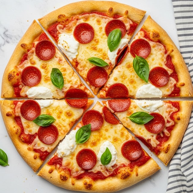 A sliced pizza with a thick, golden-brown crust is laid out on a white marbled surface. The first layer is a bright red tomato sauce covering the base, followed by melted, slightly browned cheese layer with a golden texture. Pepperoni slices with a rich, reddish color are evenly spread on top across all eight slices, some slightly curled from baking. White dollops of ricotta cheese are scattered over the surface in irregular shapes, and fresh green basil leaves are placed on top for color contrast. The pizza appears hot and fresh with a slight crispness on the edges. photo taken with an iphone --ar 4:5 --v 7