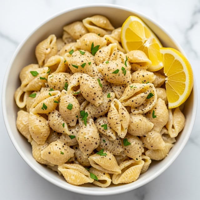 The image shows a white bowl filled with a creamy pasta dish, featuring two types of pasta shells: small round ones with a hollow center and small heart-shaped ones. The pasta is coated in a thick, light yellow sauce with visible small green herb flakes scattered throughout. Two bright yellow lemon wedges rest on the right edge of the bowl, adding a fresh contrast. The bowl sits on a white marbled surface, creating a clean and simple background. photo taken with an iphone --ar 4:5 --v 7