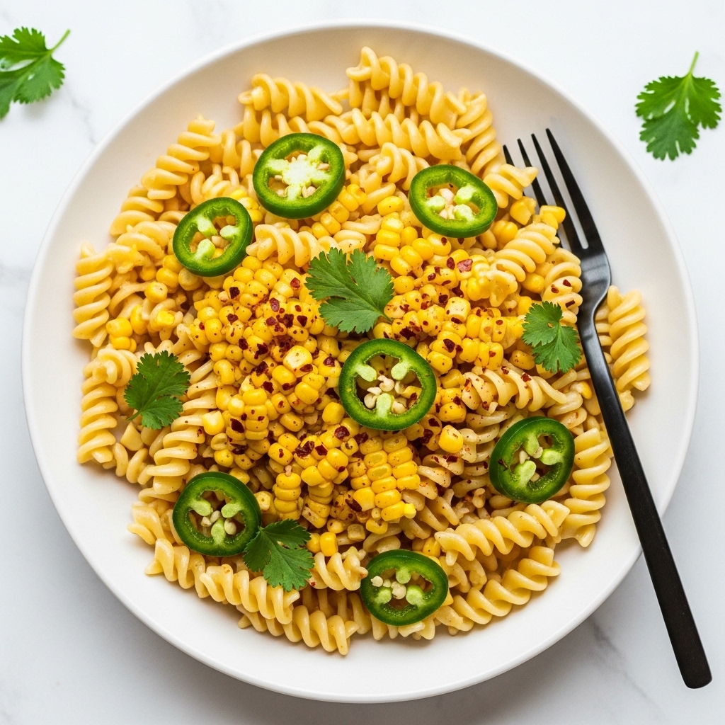 The image shows a white plate filled with a colorful pasta salad on a white marbled surface. The dish has three main layers: the bottom layer is spiral pasta, pale yellow with a smooth texture; scattered throughout are bright yellow corn kernels and small green slices of jalapeño pepper. On top, there is a sprinkling of red chili flakes and chopped green cilantro leaves, adding contrast and freshness. A spoon rests on the right side of the plate, and in the background, there is a lime wedge partially visible. The food looks fresh and vibrant with a mix of soft and crunchy textures. Photo taken with an iphone --ar 4:5 --v 7