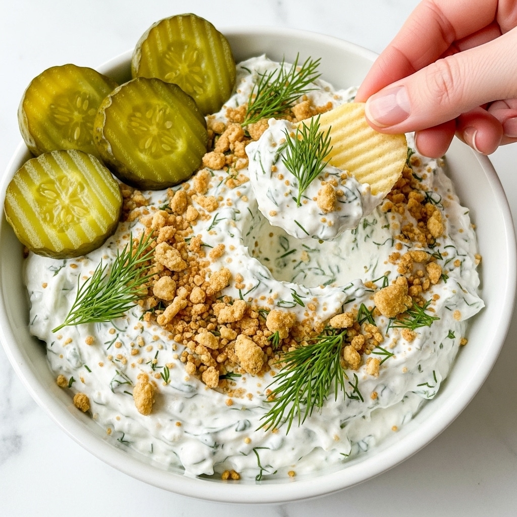 A close-up of a white shallow bowl filled with creamy white dip that has a thick and fluffy texture, sprinkled with golden brown crispy crumbs and fresh green dill on top. On one side of the bowl, three wavy-textured light green pickle slices are placed unevenly. A woman's hand is holding a ridged, pale yellow potato chip dipped with a generous layer of the creamy dip, showing texture contrast. The bowl is set on a white marbled surface that adds subtle light detail to the scene. photo taken with an iphone --ar 4:5 --v 7