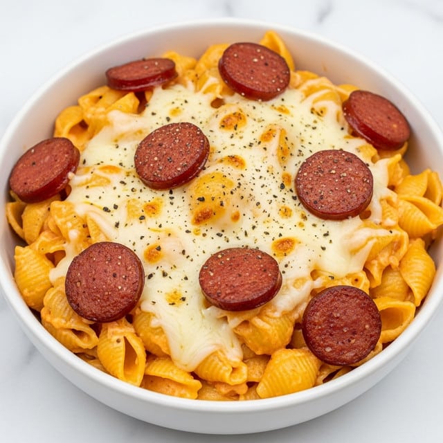 This dish shows a white bowl filled with three layers of ingredients. The bottom layer has small, golden-brown potato pieces, slightly crispy. On top, there are slices of reddish-brown sausage scattered evenly. The final top layer is melted cheese, creamy and light yellow, with small bits of black pepper sprinkled over it. The bowl sits on a white marbled surface, and the food looks warm and soft. photo taken with an iphone --ar 4:5 --v 7