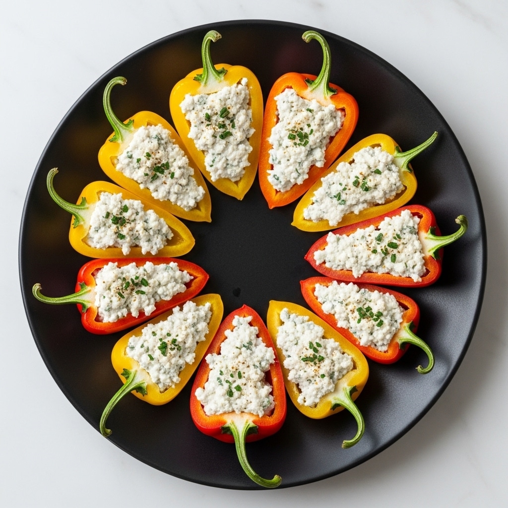 A black round plate holds several colorful mini bell peppers cut in half and filled with a creamy white cheese mixture that has small bits of herbs and spices sprinkled on top. The peppers are arranged in a circular pattern and come in red, orange, and yellow colors, each showing a smooth, glossy texture on the outside with bright green stems attached. The creamy filling inside is slightly chunky with visible flecks of green herbs and red spices, giving it a textured look that contrasts with the smooth pepper shells. The plate sits on a white marbled surface. Photo taken with an iphone --ar 4:5 --v 7