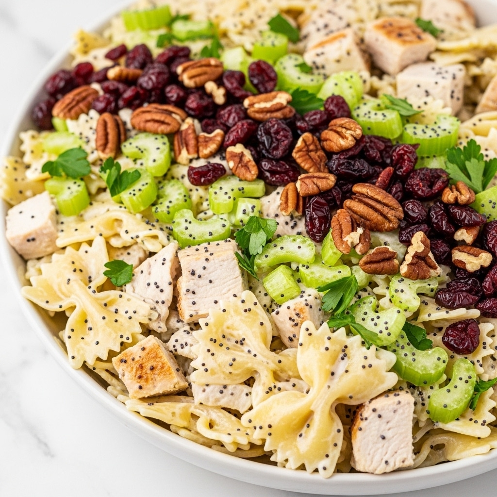 A close-up view of a creamy pasta salad in a white bowl, showing three main layers: pale yellow bow-tie pasta with a smooth texture, light green celery chunks with a crisp look, and bite-sized pieces of white chicken mixed throughout. The dish is dotted with dark red dried cranberries and brown pecan halves, adding contrast and texture. Small black poppy seeds are sprinkled over the creamy dressing that coats everything, giving it a slightly speckled look. Bits of fresh green parsley are scattered on top for color. The background surface is a white marbled texture. photo taken with an iphone --ar 4:5 --v 7