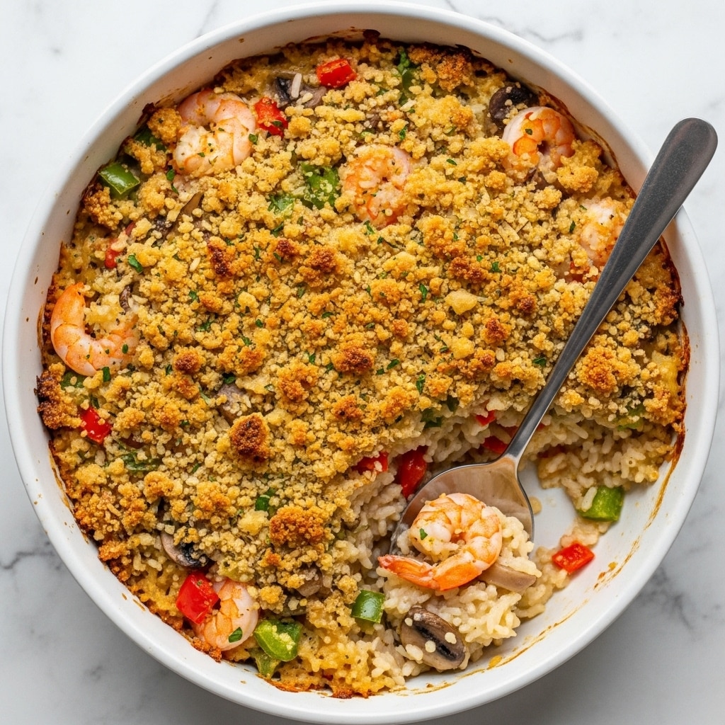 A round white ceramic baking dish filled with a golden-brown baked casserole that has a crumbly, crispy topping with specks of browned bits and herbs. Beneath the topping, there are visible layers of creamy white sauce mixed with chunks of orange shrimp, green pepper pieces, red pepper bits, and small bits of mushroom, all blended with rice which shows a soft texture. A silver spoon rests inside the dish, scooping out a portion that shows the creamy, mixed ingredients underneath the crust. The dish is placed on a white marbled surface. photo taken with an iphone --ar 4:5 --v 7