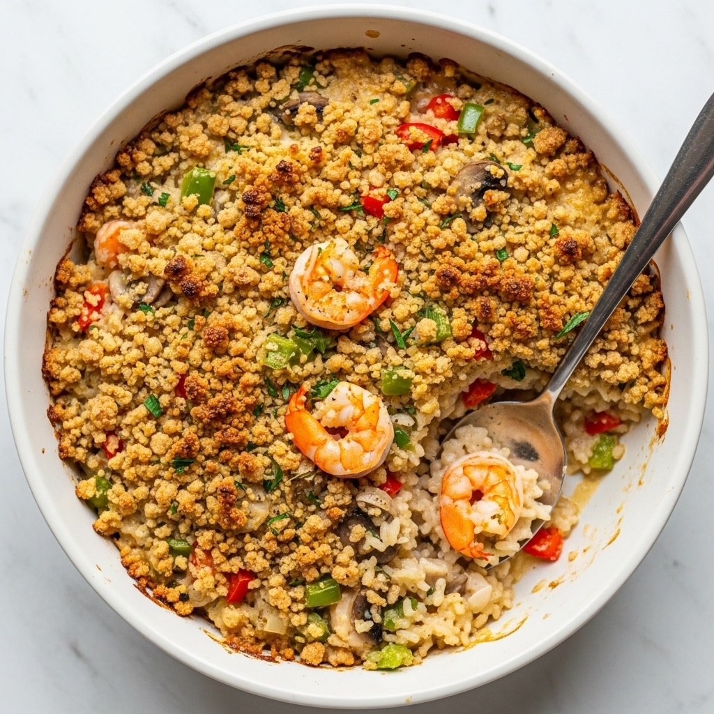 A white ceramic round baking dish holds a creamy casserole with a golden brown, crispy top layer of breadcrumbs mixed with small bits of browned vegetables. Below the crust, the casserole shows a creamy mixture with visible pieces of orange shrimp, white rice, and chopped vegetables in shades of green and red. A silver spoon rests inside the baking dish, scooping out a portion, revealing the soft, mixed layers underneath the crunchy top. The dish sits on a white marbled surface. photo taken with an iphone --ar 4:5 --v 7