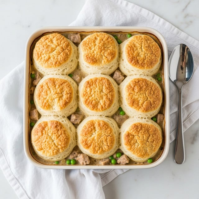 The image shows a square baking dish filled with a stew topped with nine golden brown biscuits. The biscuits have a slightly uneven, fluffy texture with a crisp, browned top, arranged in three rows and three columns. Beneath them, a creamy sauce with visible chunks of light-colored meat and green peas peeks out from the gaps. The baking dish is placed on a white cloth napkin on a white marbled surface, and a shiny silver spoon rests beside it. Photo taken with an iphone --ar 4:5 --v 7