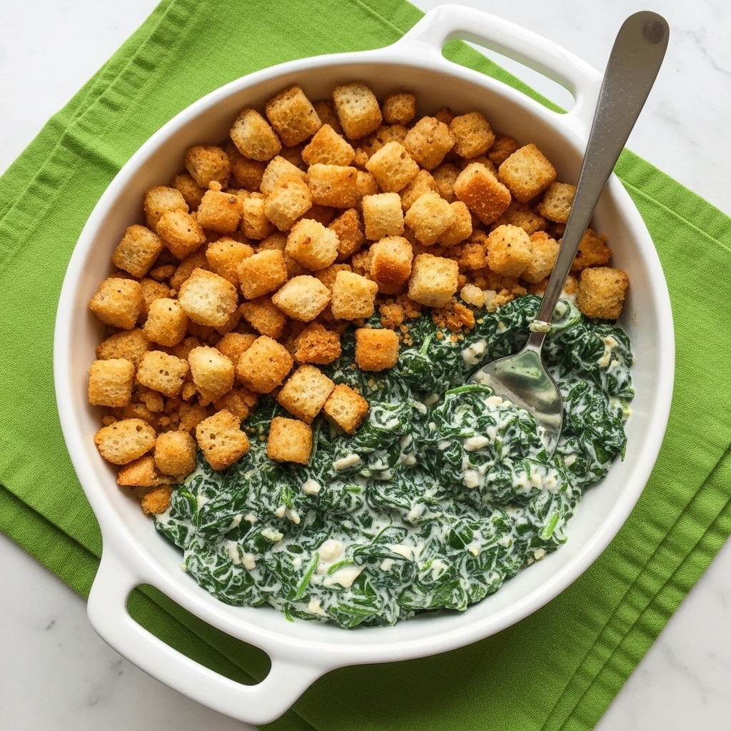 A white round dish with two handles holds a serving of creamy cooked spinach at the bottom, dark green and mixed with bits of white sauce. On top, there is a layer of golden brown croutons, unevenly spread around the edges and center. A silver spoon is partially dipped into the spinach, resting inside the dish. The dish sits on a bright green cloth, all placed on a white marbled surface. photo taken with an iphone --ar 4:5 --v 7