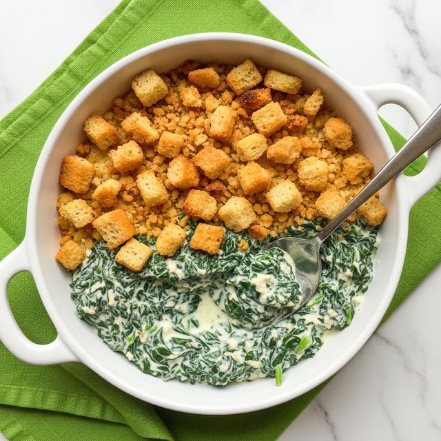 A white round dish with two handles holds a creamy spinach mixture as the bottom layer, deep green and slightly glossy with a soft, leafy texture. On top is a thick layer of golden-brown croutons, crisp and unevenly scattered, some slightly darker than others. A large spoon rests inside the dish, partially submerged in the spinach, showing a bit of the creamy texture with bits of spinach clinging to it. The dish sits on a bright green cloth over a white marbled surface. photo taken with an iphone --ar 4:5 --v 7