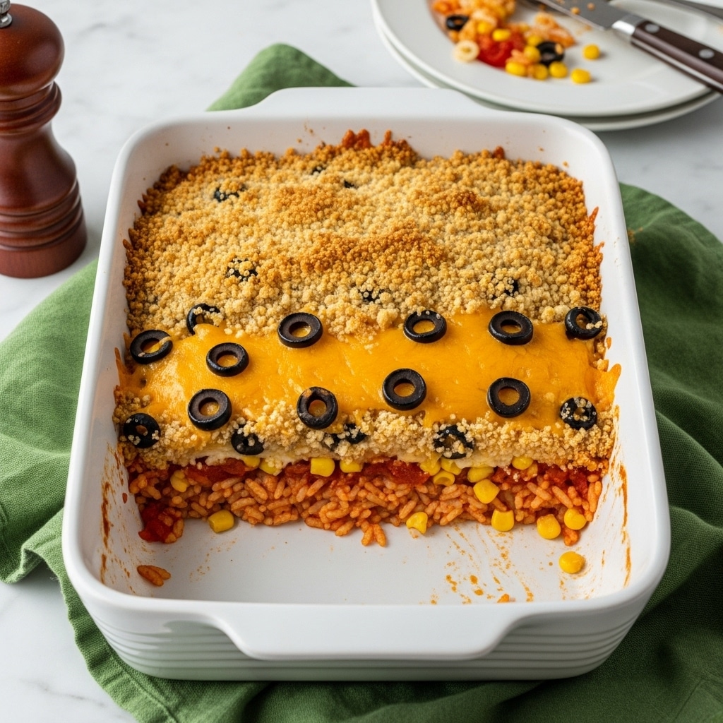 A white rectangular baking dish holds a baked casserole with visible three layers: the bottom layer shows cooked rice mixed with corn kernels and bits of tomatoes in a reddish sauce, the middle layer includes melted cheddar cheese and black olive slices, and the top layer is a golden-brown crispy breadcrumb crust that covers half of the dish. Some food is missing from one corner, revealing the layers inside. The dish sits on a green cloth placed on a white marbled surface. A white plate with leftovers and a dark-handled knife rest near the top right corner, and a dark brown pepper grinder is visible on the left side. Photo taken with an iphone --ar 4:5 --v 7