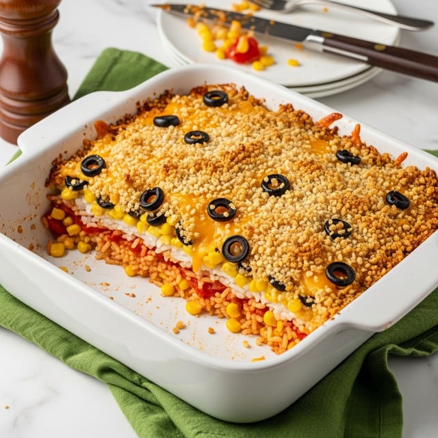 The image shows a white rectangular baking dish partially filled with a layered casserole. The bottom layer consists of cooked rice mixed with corn kernels and bits of tomato sauce in orange-red color. On top of this, there are visible pieces of black olives and ground meat mixed into the rice. The entire dish is covered with a golden-brown crumbly topping, likely breadcrumbs, which is unevenly spread with some areas showing melted cheese peeking through. The dish is placed on a teal cloth on a white marbled surface, with a pepper grinder on the left side and a white plate with crumbs and a knife with a dark wooden handle visible in the top right corner. Photo taken with an iphone --ar 4:5 --v 7