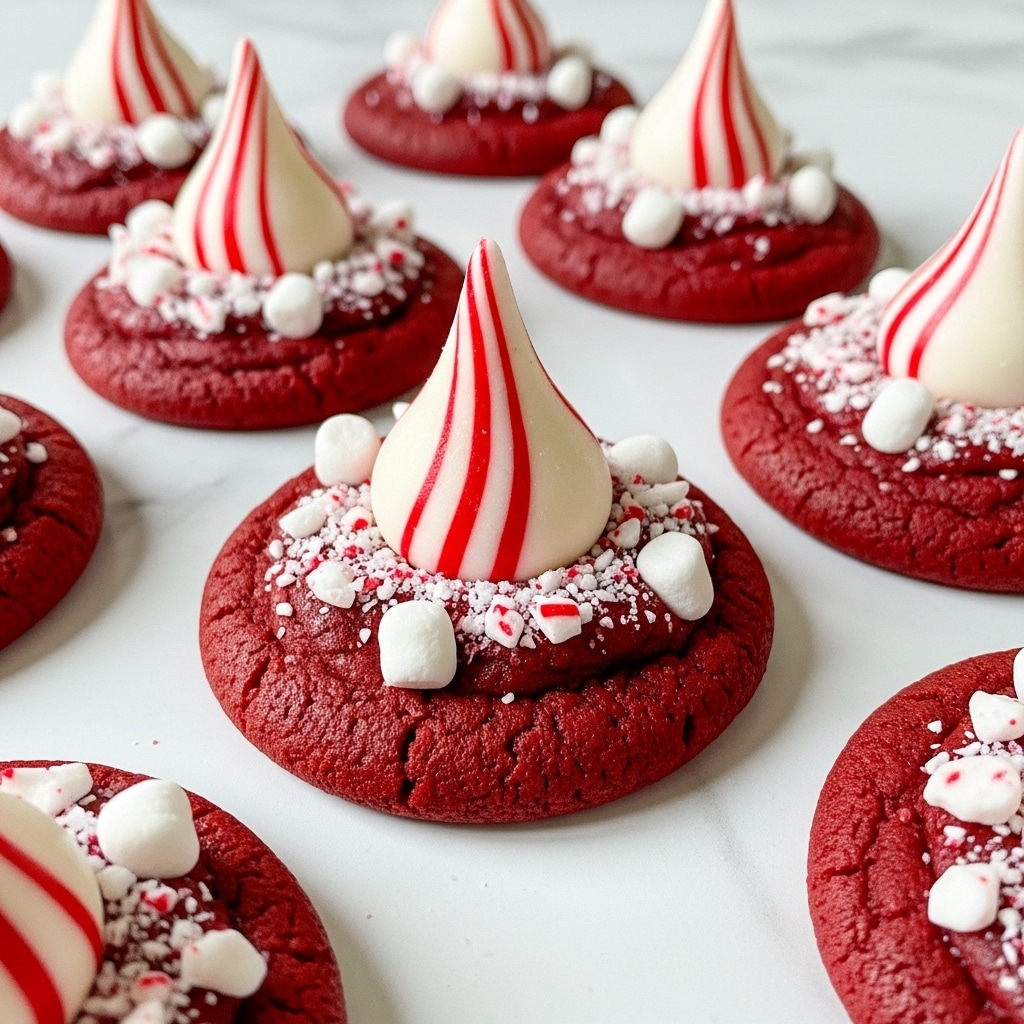 The image shows several round red velvet cookies with a deep red color and soft texture as the base layer. On top of each cookie is a ring of crushed white and red peppermint candies scattered around the edge, adding a crunchy texture. In the center of each cookie sits a white peppermint kiss with red stripes, standing upright with a smooth and shiny surface. All cookies are placed on a white marbled surface, creating a clean and bright background. Photo taken with an iphone --ar 4:5 --v 7