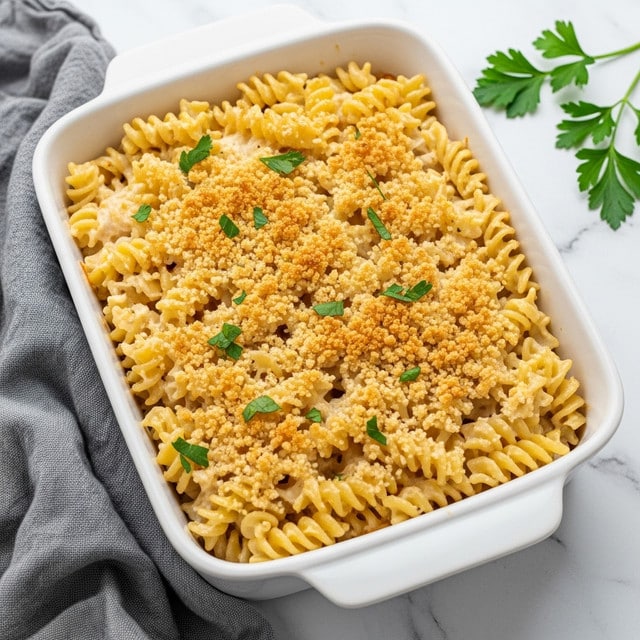A white baking dish is filled with a baked pasta casserole showing three visible layers: the bottom layer is twisted rotini pasta in a creamy light yellow cheese sauce, the middle layer is a thick spread of melted cheese mixed with the pasta, and the top layer is a golden brown crumbly topping with small toasted bits, sprinkled with fresh green parsley leaves scattered evenly across the surface. The dish is placed on a white marbled texture background with a gray cloth on the left side and small parsley leaves near the top right. Photo taken with an iphone --ar 4:5 --v 7