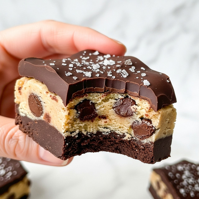 The image shows a close-up of a thick chocolate treat held by a woman's hand. The treat has three visible layers: the bottom layer is dark chocolate, solid and rich in texture; the middle layer is a light beige cookie dough mixed with large, glossy chocolate chips embedded within it; the top layer is a smooth, shiny dark chocolate coating sprinkled with large, coarse salt crystals. The bite taken from the treat reveals the soft middle layer against the firm chocolate layers, highlighting the contrast in texture and color. The background is a white marbled texture. Photo taken with an iphone --ar 4:5 --v 7