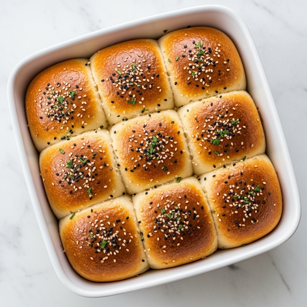 The image shows a white square baking dish filled with perfectly baked dinner rolls arranged in a 4x4 grid. The rolls have a golden-brown top with a shiny, slightly crispy texture, while the sides remain soft and pale. They are sprinkled with black and white sesame seeds and small green herbs, giving a touch of color and texture. The dish sits on a white marbled surface, making the warm colors of the bread stand out. photo taken with an iphone --ar 4:5 --v 7