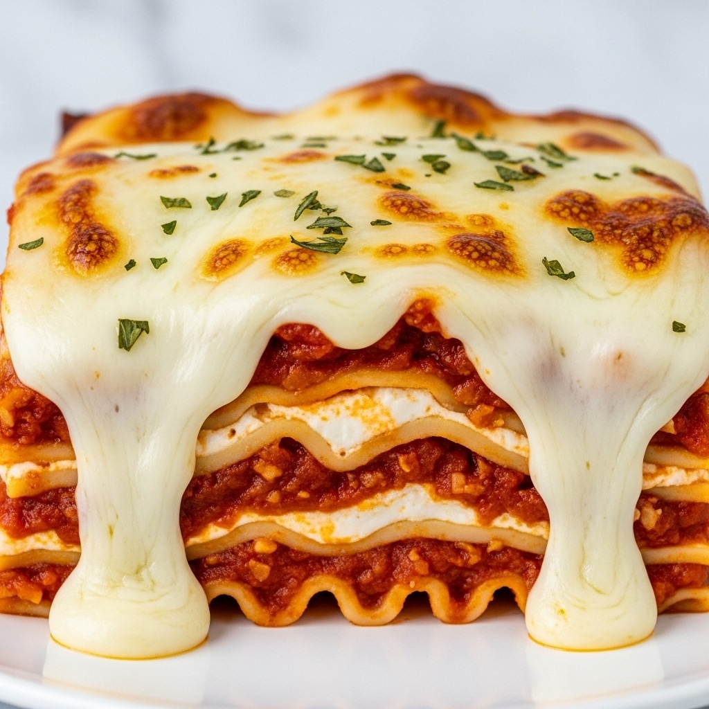 The image shows a close-up of a piece of baked lasagna on a white plate set on a white marbled surface. The lasagna has about three visible layers: the bottom layer has a rich, chunky tomato sauce with small bits of meat, the middle layer shows soft, creamy ricotta cheese with a smooth texture, and the top layer is covered with melted, golden-brown cheese that stretches as a woman's hand pulls the piece away. There are small green herb leaves sprinkled on top, adding a fresh color contrast. The melted cheese has a slightly bubbly and browned texture, making the dish look warm and gooey. Photo taken with an iphone --ar 4:5 --v 7