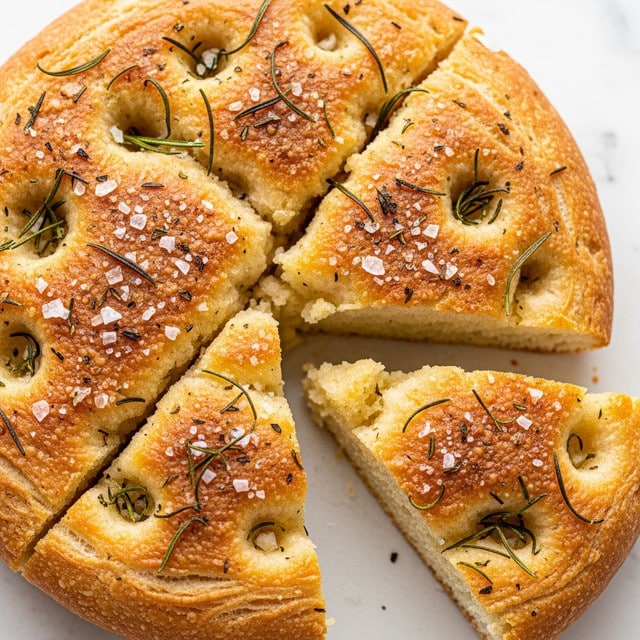 The image shows a close-up of a golden-baked focaccia bread with a slightly rough, browned crust and sprinkled with green rosemary and coarse sea salt on top. The focaccia is round and has been sliced into wedges, with one wedge slightly pulled out showing the soft, airy, and light yellow inside. The surface of the bread has small air bubbles and a textured look from the herbs and salt. The background is a white marbled texture. Photo taken with an iphone --ar 4:5 --v 7