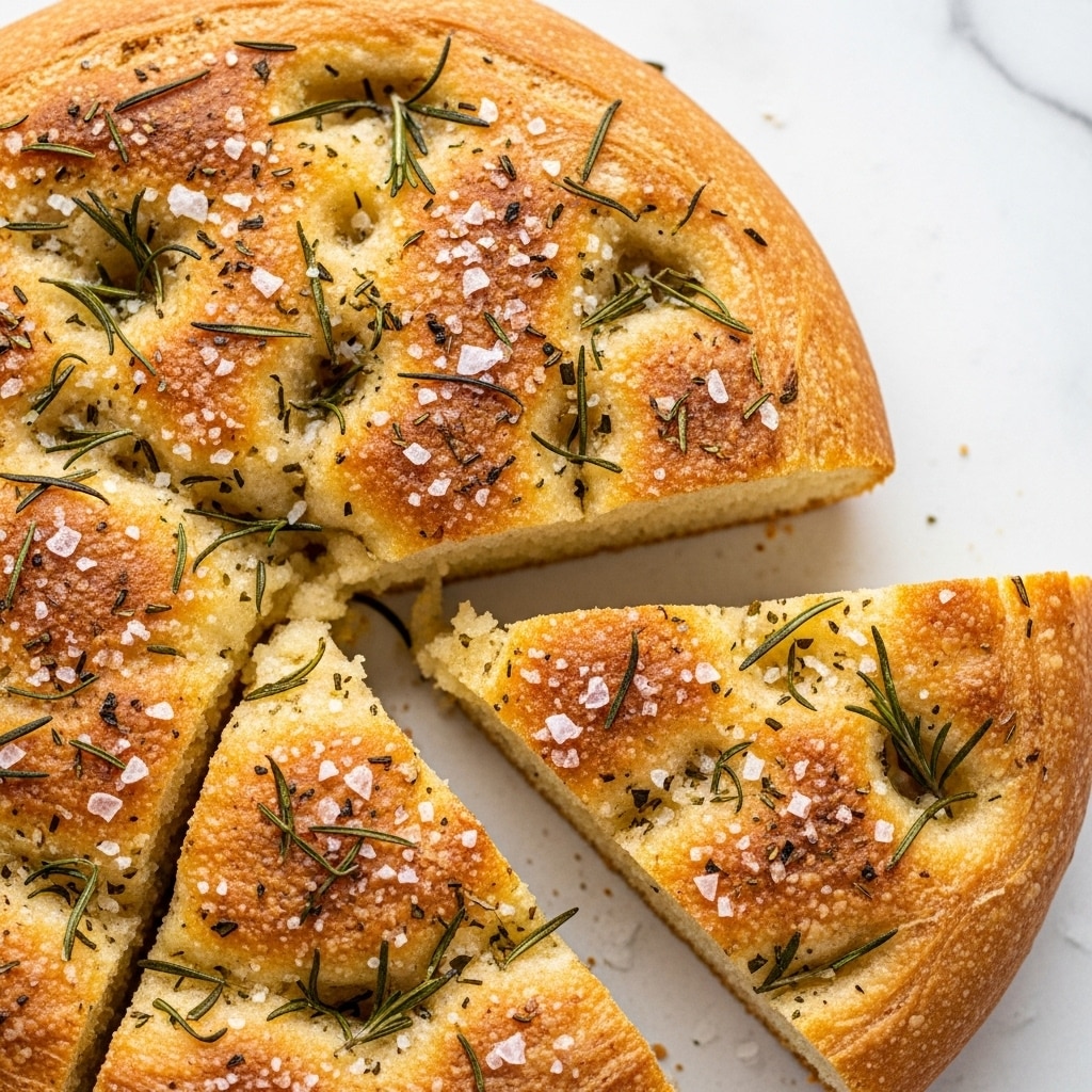 The image shows a round focaccia bread with a golden-brown crust, cut into wedges. The top layer is covered with melted cheese that has browned in spots, with fine strands of melted cheese stretching between the slices. Sprinkled herbs, likely rosemary and sea salt crystals, dot the surface, adding texture and bits of green color. The bread beneath looks soft and slightly airy with a light tan color. The bread is placed on parchment paper over a white marbled texture. photo taken with an iphone --ar 4:5 --v 7