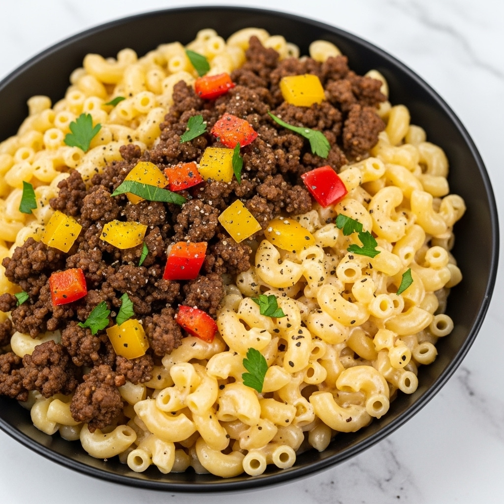 A close-up view of a creamy macaroni dish in a black bowl placed on a white marbled surface. The dish has three main visual layers: the base layer is pale yellow elbow macaroni with a soft, smooth texture, mixed evenly throughout; the middle layer consists of browned ground beef with a crumbly texture, scattered over the pasta; the top layer includes small, bright chunks of red and yellow bell peppers, adding vibrant color, along with specks of black pepper and green parsley leaves for garnish. The cheese sauce coats the pasta and beef, giving a glossy, creamy finish. photo taken with an iphone --ar 4:5 --v 7