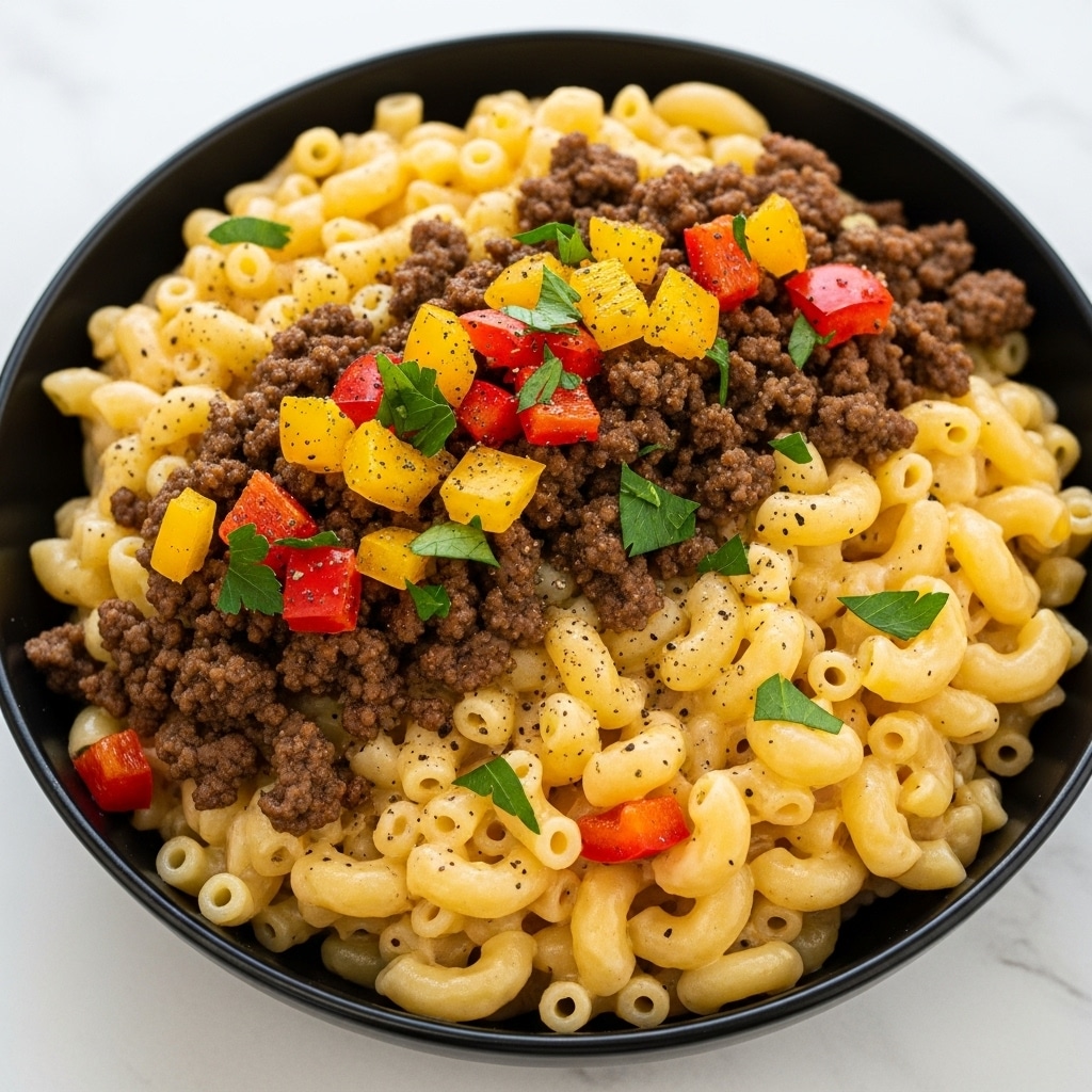 A close-up view of a bowl filled with creamy macaroni and cheese layered with small pieces of cooked ground beef scattered throughout. Yellow and red bell pepper chunks add bright color on top, along with a few green parsley leaves for garnish. The cheese sauce looks smooth and melted, coating the macaroni shells evenly. Small cracks of black pepper are sprinkled on the surface. The bowl is white and sits on a white marbled surface. photo taken with an iphone --ar 4:5 --v 7