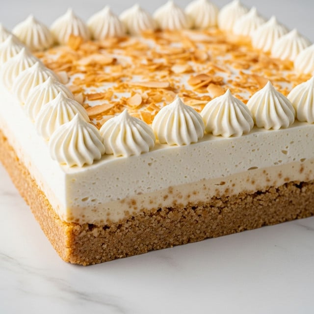 The image shows a close-up of a square dessert with three distinct layers. The bottom layer is a crumbly light brown crust with a rough texture. Above it is a thick and smooth white creamy layer. The top layer has whipped cream piped in small dollops along the edges, with toasted light brown coconut flakes sprinkled evenly across the surface. The dessert is in a white pan on a white marbled surface. Photo taken with an iphone --ar 4:5 --v 7