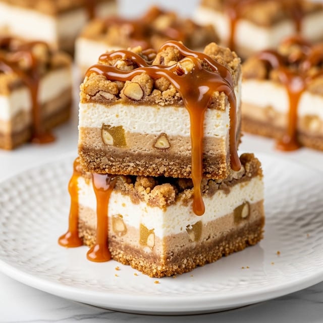 The image shows two stacked dessert bars with three clear layers: the bottom is a crumbly brown crust, the middle is a thick creamy white cheesecake layer, and the top is a mix of chopped nuts and crumbled brown topping covered with shiny caramel sauce dripping down the sides. More bars with the same layers can be seen blurred in the background, all set on a white plate sitting on a white marbled surface. The warm caramel and nuts add a rich texture contrast to the smooth cheesecake. photo taken with an iphone --ar 4:5 --v 7
