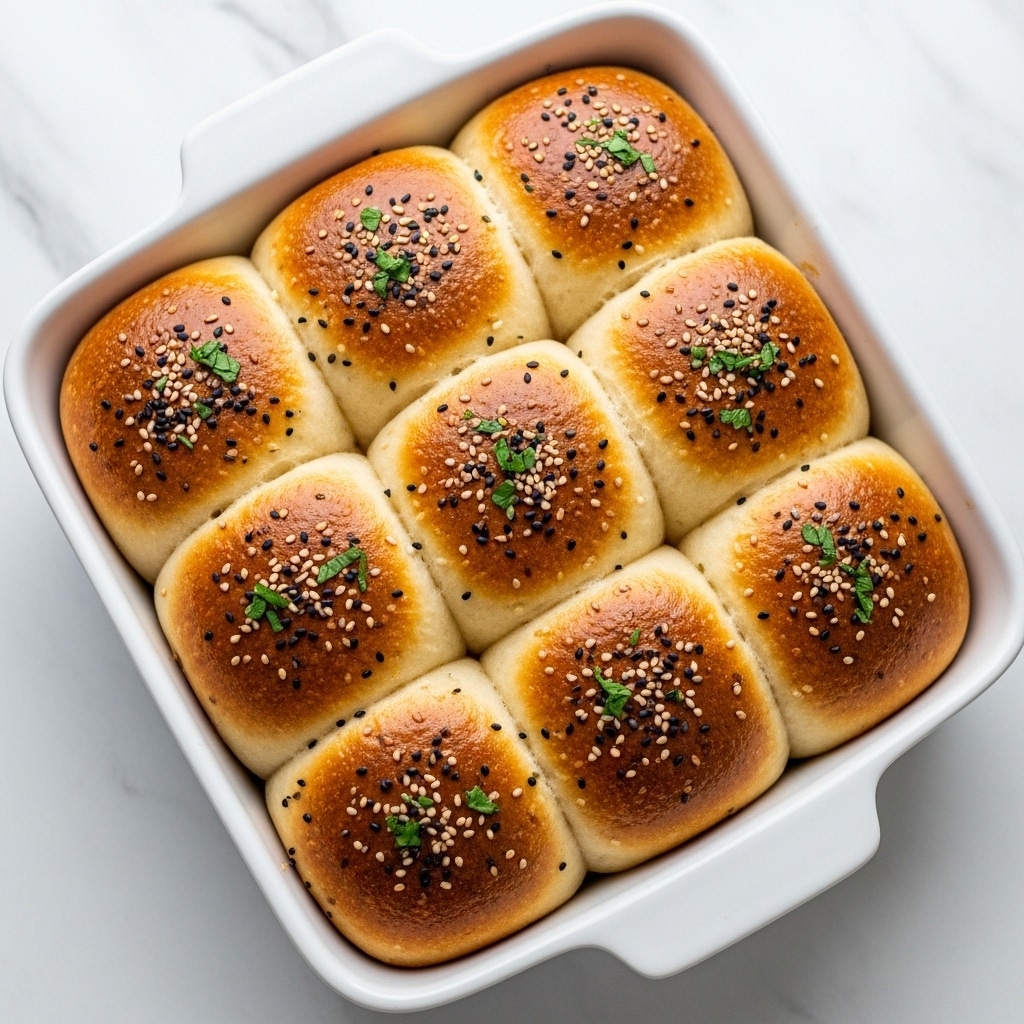 A white rectangular baking dish filled with 16 golden-brown dinner rolls tightly placed next to each other. The rolls have a shiny top with a few darker brown spots, sprinkled with black and white sesame seeds and some herbs. The texture looks soft and fluffy with a slightly crispy crust. The dish is set on a white marbled surface. Photo taken with an iphone --ar 4:5 --v 7