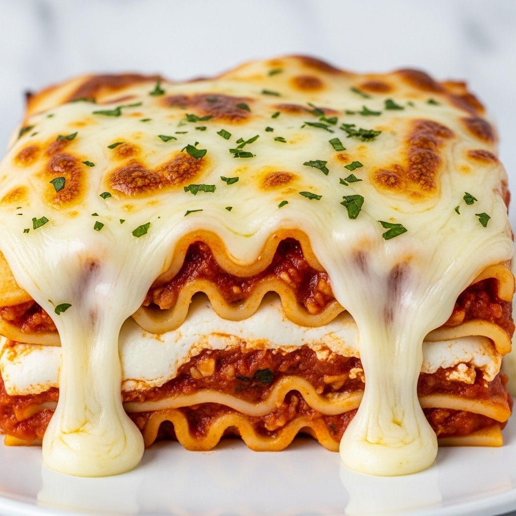 A close-up view of a slice of layered lasagna on a white plate, showing at least three visible layers of creamy white melted cheese dripping down the sides, golden-browned bubbly cheese on top with small green herb bits sprinkled across, and a thick layer of rich tomato sauce mixed with pasta beneath the cheese. The melted cheese has a smooth, gooey texture blending into a slightly crusty top layer with browned spots. The background features a white marbled texture. Photo taken with an iphone --ar 4:5 --v 7