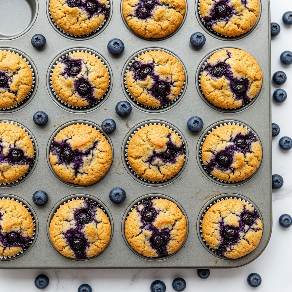 The image shows a metal muffin tray holding nine golden brown blueberry muffins with lightly cracked tops revealing deep purple blueberry filling inside each one. The muffins are wrapped in white cupcake liners. Whole fresh blueberries are scattered around the tray on a white marbled surface. The muffins have a soft, slightly textured tops with vibrant blueberry stains that contrast with the warm, golden cake. photo taken with an iphone --ar 4:5 --v 7