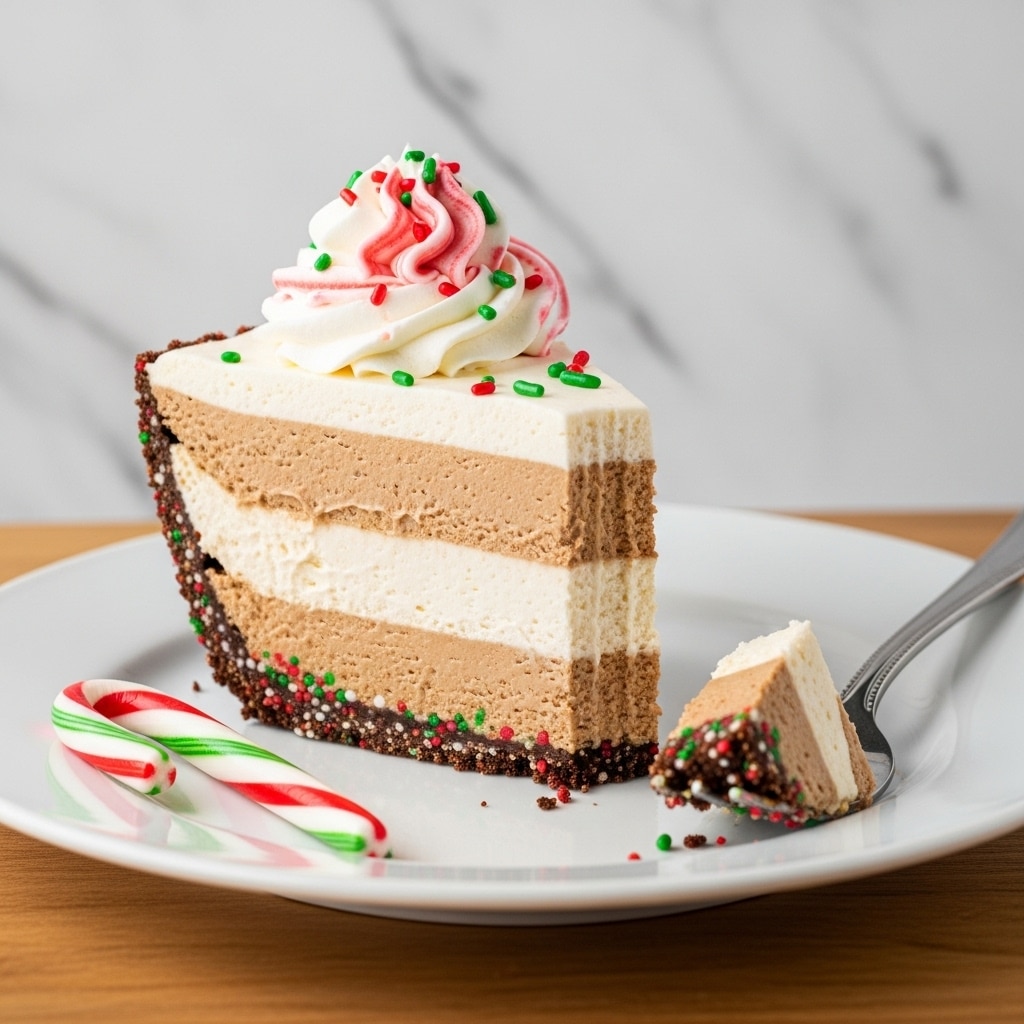 A slice of pie with three visible layers sits on a white plate. The bottom crust is crumbly and speckled with small colorful bits, giving it a textured look. The middle layer is thick and smooth with a light brown color. The top layer is slightly glossy with a dollop of whipped cream at the center, swirled with red and green sprinkles scattered around it. A small candy cane lies next to the pie slice on the plate. A silver fork with a bite-sized piece of the pie rests beside the slice. The background shows a white marbled surface with some candy pieces and a red ribbon partially visible. photo taken with an iphone --ar 4:5 --v 7