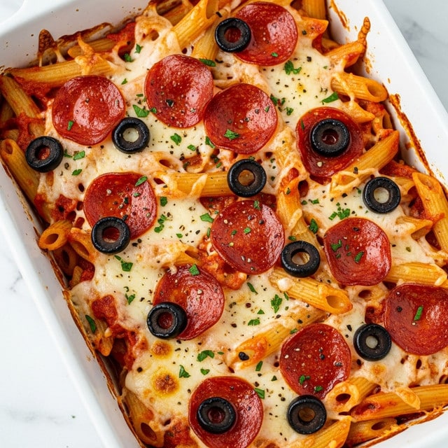 A baked pasta dish in a white rectangular baking dish shows layers starting with penne pasta mixed with a red tomato sauce, followed by melted white mozzarella cheese unevenly spread on top. The top layer includes scattered round slices of pepperoni, black olive rings, and small green herb pieces. The pasta edges are slightly browned and bubbly, showing a crispy texture. The dish is set on a white marbled surface. photo taken with an iphone --ar 4:5 --v 7