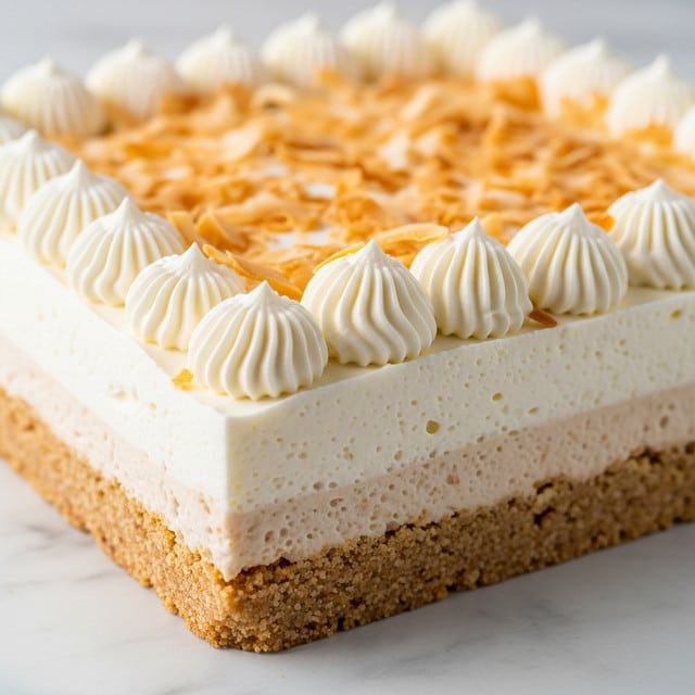 A close-up view of a square dessert with three clear layers: a bottom layer of light brown crumbly crust, a thick middle layer of smooth white creamy filling, and a top layer of whipped cream decorated with small swirls and topped with toasted light brown coconut flakes. The dessert sits on a white marbled surface. The texture of the whipped cream is fluffy and soft, contrasting with the crunchy texture of the crust and the smooth creamy layer in the middle. Photo taken with an iphone --ar 4:5 --v 7