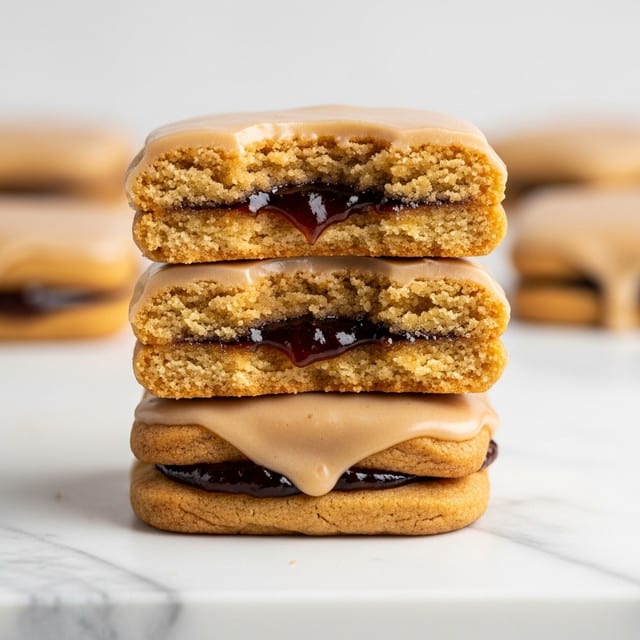 The image shows a stack of three square cookies on a white marbled surface, each cookie topped with a smooth, light brown glaze. The top cookie is broken in half to reveal a thick, dark brown jam filling sandwiched between two soft, golden-brown cookie layers. The cookie texture appears soft and slightly crumbly, with the jam layer glossy and rich, contrasting with the matte cookie dough. The glaze on top is even and slightly shiny, covering each cookie completely. photo taken with an iphone --ar 4:5 --v 7