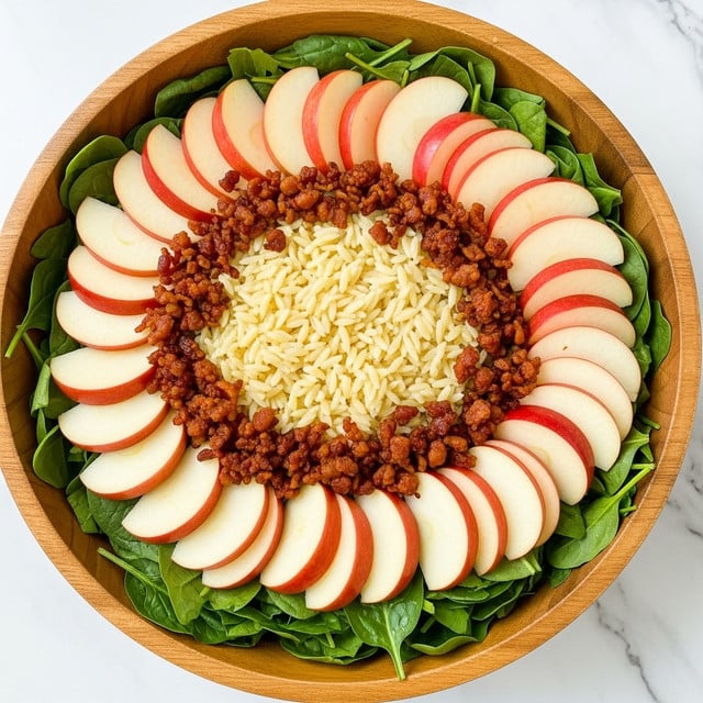 A large wooden bowl filled with a mixed salad sits on a white marbled surface. The bottom layer is dark green leafy spinach, above it is a layer of light beige orzo pasta evenly spread. Scattered throughout are small clusters of finely chopped reddish-brown bacon or sausage bits, adding texture. Thin slices of shiny red-skinned apple with white flesh are placed on top in a circular pattern, some pieces overlapping. The salad is mixed but the layers and colors are still visible, showing a fresh and colorful dish with a variety of textures. Photo taken with an iphone --ar 4:5 --v 7