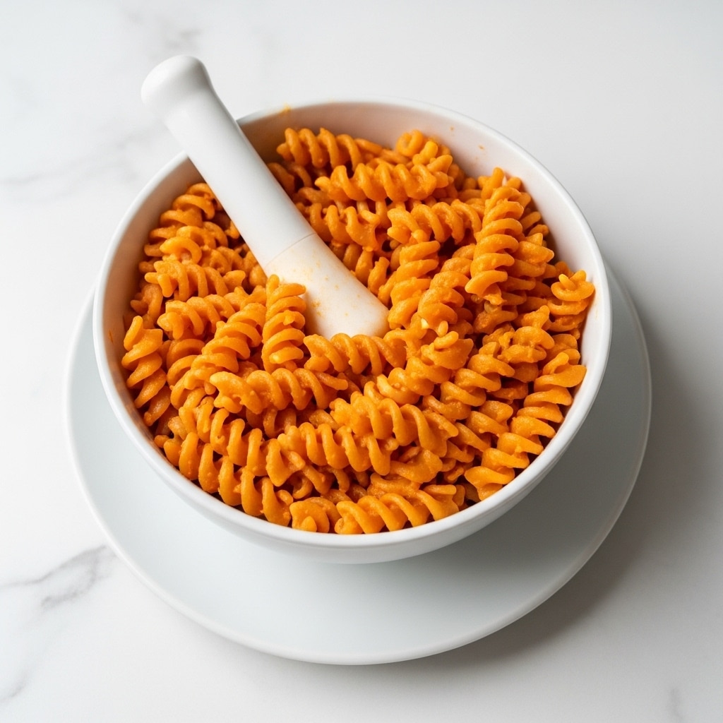 The image shows a white bowl filled with orange spiral pasta, tightly packed with a smooth, creamy sauce coating each piece. On top of the pasta, there is a white pestle resting, its rounded end touching the pasta. The bowl sits on a matching white saucer, all placed on a white marbled surface. The overall look is simple and clean, with the bright orange pasta standing out against the white bowl and background. Photo taken with an iphone --ar 4:5 --v 7