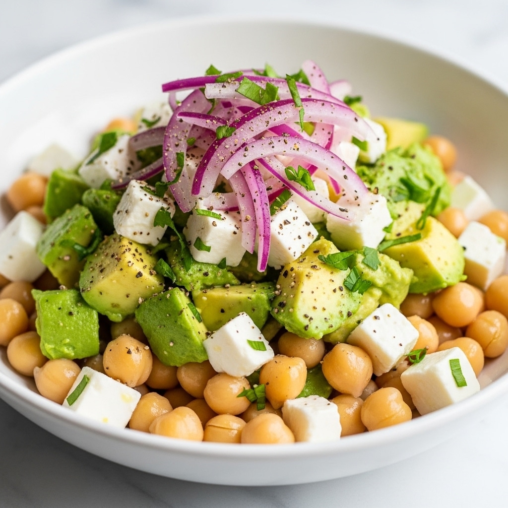 A close-up of a white bowl filled with a fresh salad layered with creamy, light green avocado chunks, round beige chickpeas, small white cheese cubes, and thin strips of bright purple onion on top. The salad is sprinkled with green chopped herbs and black pepper, creating a mix of soft and crunchy textures. The bowl sits on a white marbled surface. photo taken with an iphone --ar 4:5 --v 7