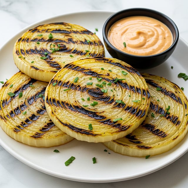 Three thick, round layers of grilled onion slices with visible caramelized edges and brown grill marks sit stacked slightly on a white plate. The onion layers have a shiny, golden-yellow color with touches of white and are sprinkled evenly with fresh green chopped herbs. A small black bowl of creamy, light orange dipping sauce is placed beside the onion slices on the plate. The plate is set on a white marbled textured surface with soft natural lighting highlighting the glossy texture of the onions. Photo taken with an iphone --ar 4:5 --v 7