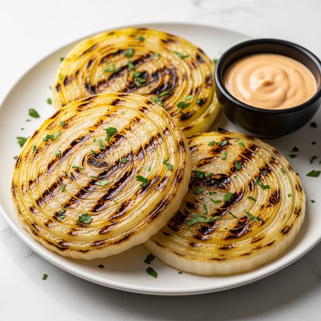 The dish shows three grilled onion slices stacked slightly overlapping on a white plate, each onion slice having multiple thin, translucent layers with golden-brown char marks and a light sprinkling of fresh green herbs on top. Beside the onion slices, there is a small black cup filled with a creamy orange dipping sauce. The plate is set on a white marbled surface, and in the background, a blurred bowl with more of the same sauce is visible. The lighting highlights the glossy texture of the grilled onions and the vibrant colors of the herbs and sauce. Photo taken with an iphone --ar 4:5 --v 7