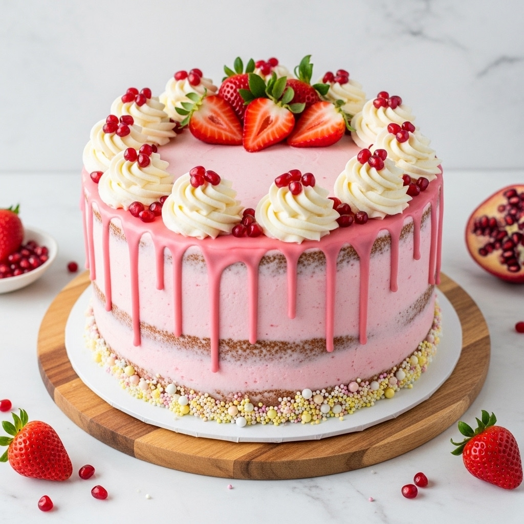 A tall cake with smooth light cream icing covers all sides evenly, with a drip of glossy pink glaze running down from the top edges in long thin streams. Around the base is a dark crumb border. The top is decorated with white swirls of cream arranged in a circle near the edge, fresh red strawberries both whole and halved placed on top of the cream swirls, and bright red pomegranate seeds scattered over the cream and fruit. The cake sits on a wooden board, placed on a white marbled surface with scattered pomegranate seeds and strawberries around it. Photo taken with an iphone --ar 4:5 --v 7