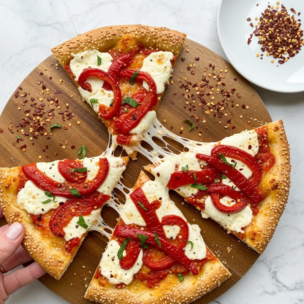 A close-up image of three slices of pizza on a wooden board, showing a golden-brown crust sprinkled with sesame seeds. Each slice has a base layer of melted white cheese with a slightly browned texture, topped with browned pieces of roasted red peppers scattered unevenly, and some green herbs as garnish. The cheese is stretchy and gooey between two separated slices. A white plate with red chili flakes sits in the top right corner on a white marbled textured surface, and some loose chili flakes are spread around the pizza. A woman's hand is holding a pizza slice at the bottom left. photo taken with an iphone --ar 4:5 --v 7