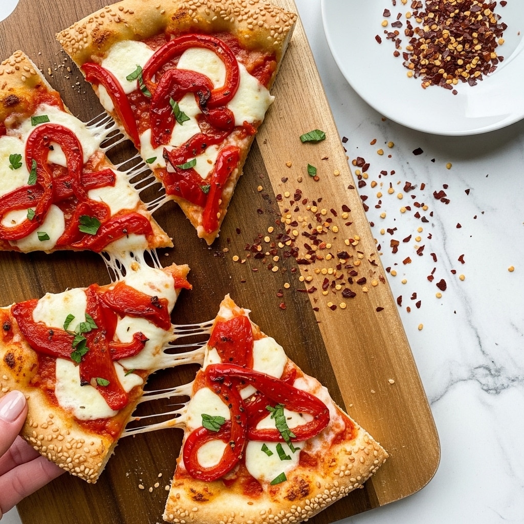 This image shows four slices of pizza with a golden-brown crust sprinkled with sesame seeds, placed on a wooden surface that has some small herbs around. The pizza has a thick layer of melted white and light yellow cheese covering the whole base, with pieces of roasted red peppers and herbs spread unevenly on top. One slice is being pulled away slightly, showing long stretch of gooey melted cheese between slices. A white dish in the corner holds crushed red pepper flakes, some scattered on the surface near the pizza. photo taken with an iphone --ar 4:5 --v 7