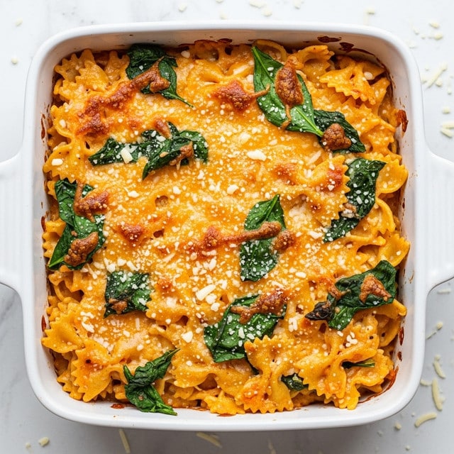 A white square baking dish is filled with a baked pasta casserole featuring bowtie-shaped pasta. The top layer is golden-orange melted cheese with some brown crispy edges, sprinkled with white grated cheese. Green spinach leaves are mixed throughout, adding contrast and texture. The pasta pieces are coated in a rich, cheesy sauce and are slightly browned on the edges from baking. The dish rests on a white marbled surface with some grated cheese scattered around. Photo taken with an iphone --ar 4:5 --v 7