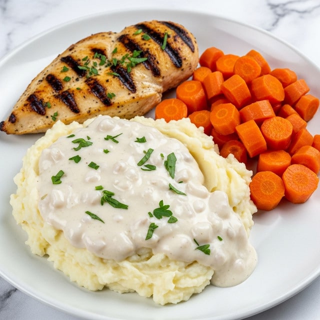 The image shows a close-up of a white plate with three main parts: grilled chicken breast at the top left, mashed potatoes with white gravy spread in the center and bottom left, and cooked carrot pieces on the right side. The grilled chicken has a golden brown color with slight grill marks and some green herbs sprinkled on top. The mashed potatoes are creamy white, covered thickly with a smooth white gravy dotted with small bits, also garnished with green herbs. The carrot pieces are bright orange, cut into small chunks and placed neatly beside the chicken and mashed potatoes. The plate is set on a white marbled surface. Photo taken with an iphone --ar 4:5 --v 7