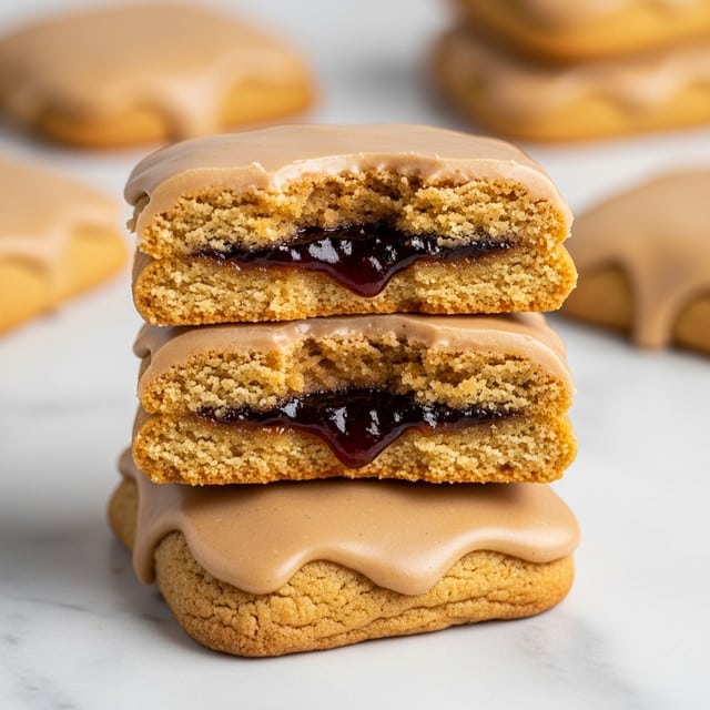 The image shows a stack of three soft cookies on a white marbled surface, each cookie topped with a smooth light brown glaze. The top cookie is cut in half, revealing a rich, dark brown jam filling sandwiched between two golden-brown cookie layers with a soft, slightly crumbly texture. The glaze on each cookie gleams gently, contrasting with the thicker, textured cookie body below. Photo taken with an iphone --ar 4:5 --v 7