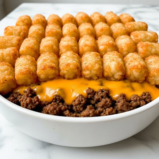 A baked dish in a white round bowl shows a bottom layer of cooked ground beef with a brown, crumbly texture, topped with a thick layer of melted orange cheddar cheese that looks smooth and gooey. The top layer consists of golden-brown tater tots arranged closely together, each with a crispy, slightly rough texture and a warm, toasted color. The bowl sits on a white marbled surface with a cozy, home-cooked feel. photo taken with an iphone --ar 4:5 --v 7